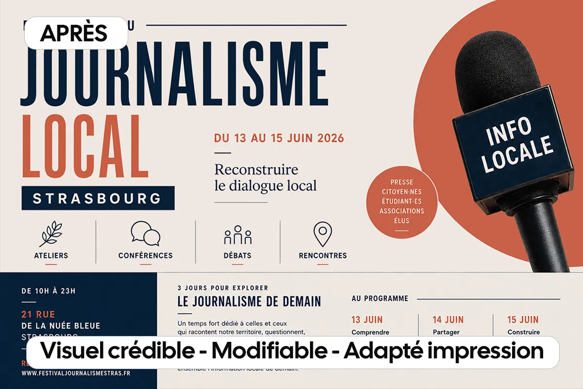 Affiche de festival de journalisme local à Strasbourg, reconstruite en version structurée et optimisée pour l’impression.