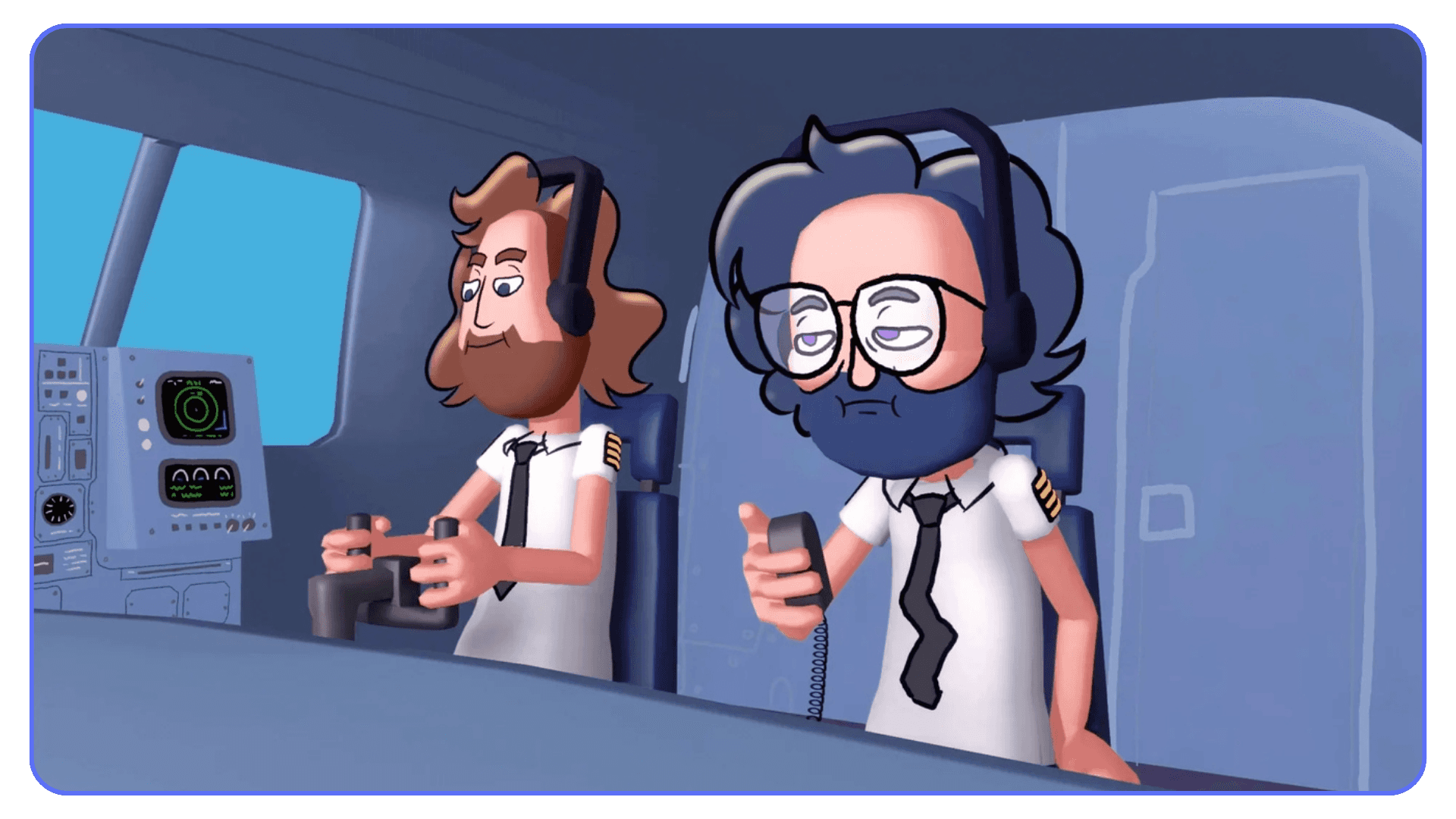 A stylized animated scene of two cartoon pilots inside an airplane cockpit, wearing headsets and interacting with the controls.