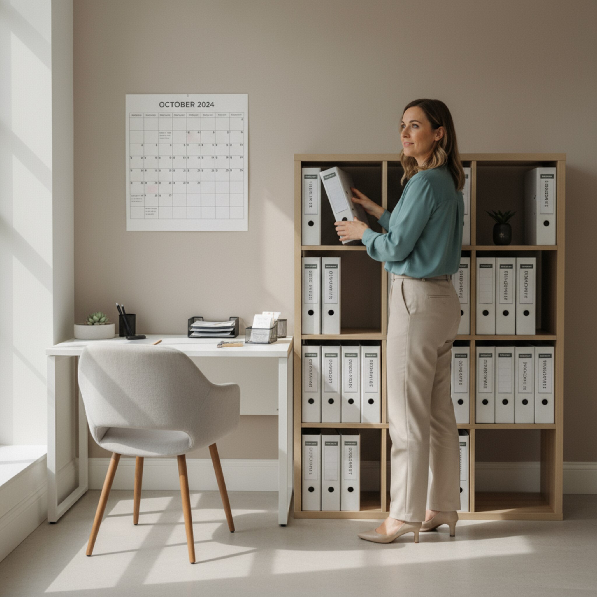 Eine Praxisleitung sortiert beschriftete Ordner in ein schlichtes Regal, daneben liegt ein kleiner Stapel Belege mit Büroklammern. Ein Kalenderblatt mit Monatsübersicht hängt ordentlich an der Wand. Die Szene vermittelt Struktur, Nachvollziehbarkeit und einen klaren Abschluss des Abrechnungsmonats.