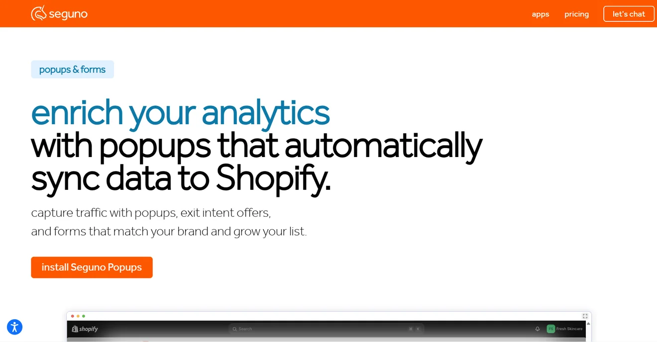 ALT  Seguno Popups & Forms homepage highlighting automatic Shopify data sync for popup and form campaigns