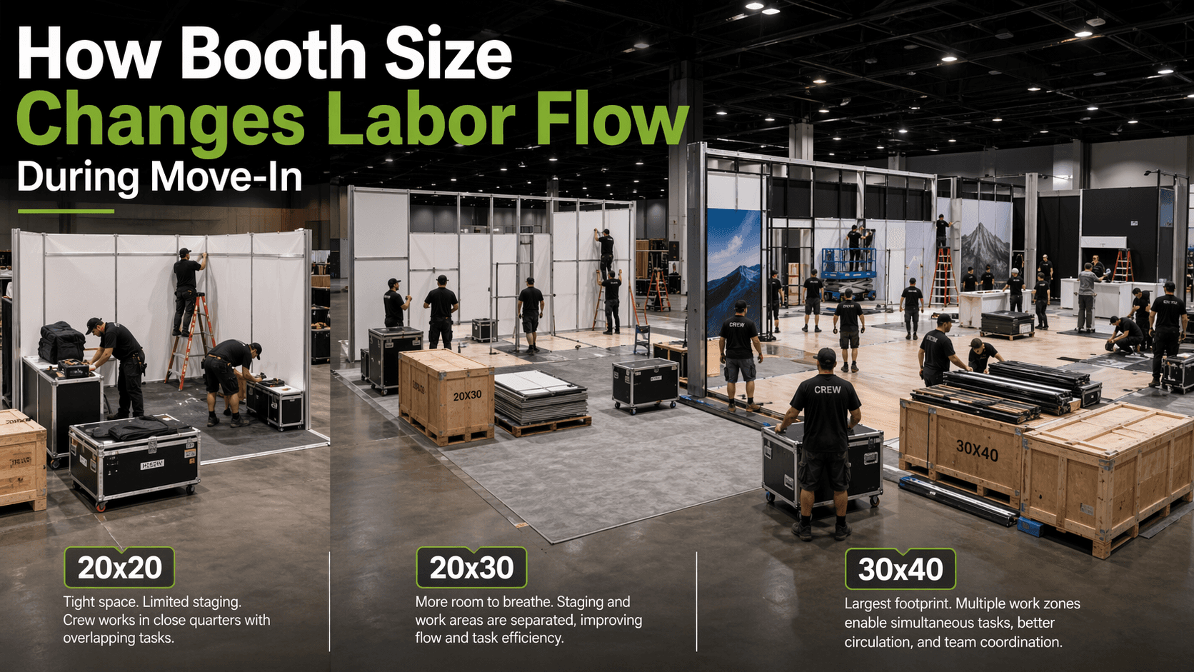 How booth size changes labor flow during move-in cover image showing three booth sizes compared by crew spacing, staging, and install activity