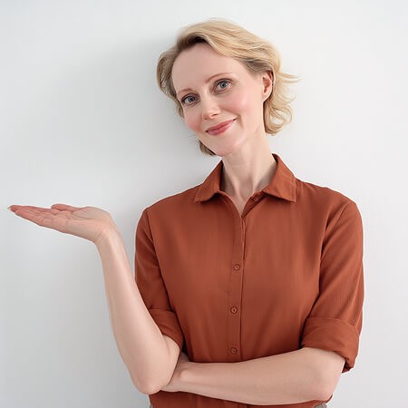 Midlife woman in terracotta shirt presenting menopause symptom education AI prompt pack for menopause coaches