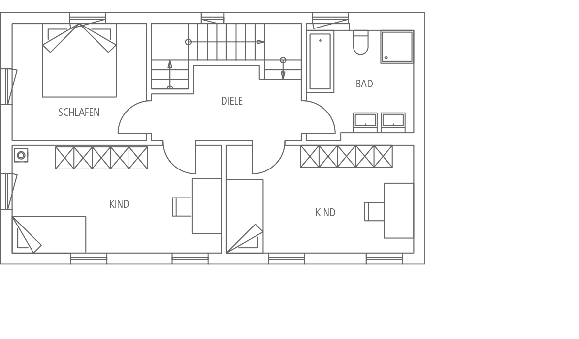 Grundriss einer Wohnung mit Schlafzimmer, zwei Kinderzimmern, Diele und Bad.