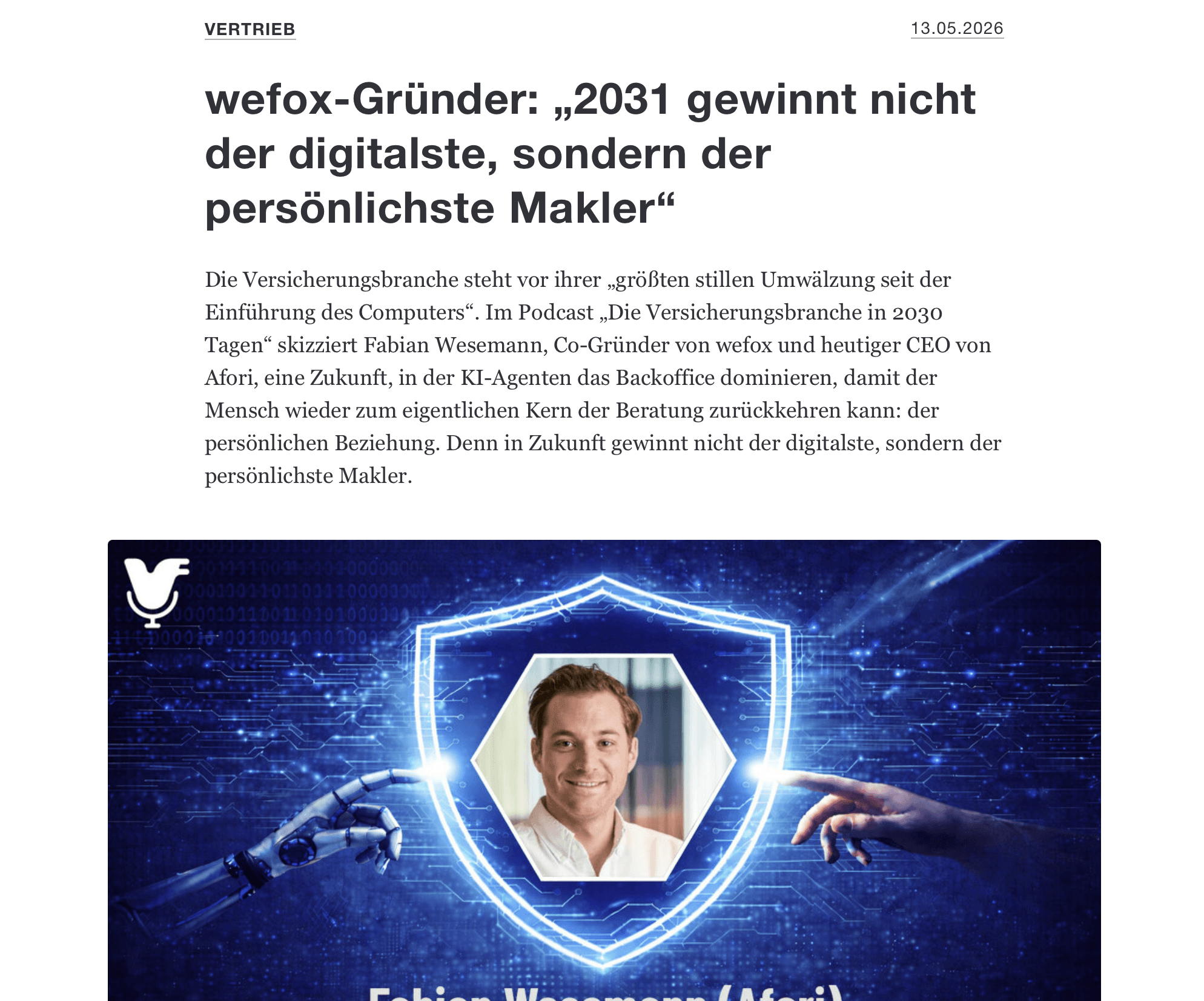 Fabian Wesemann from Afori on AI and the future of insurance brokers in the Versicherungsfunk podcast