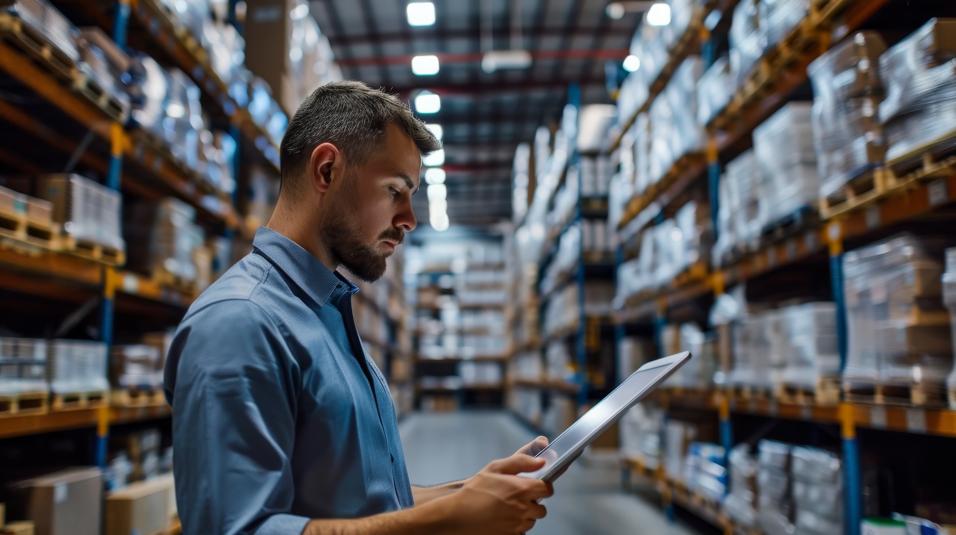 A focused professional reviewing data on a tablet in a warehouse, representing Inway’s detailed approach to survey and loss investigation services.