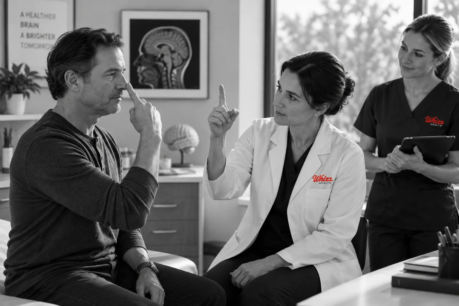 Neurologist performing a finger-to-nose coordination check with a patient while a Whizz Health research coordinator takes notes