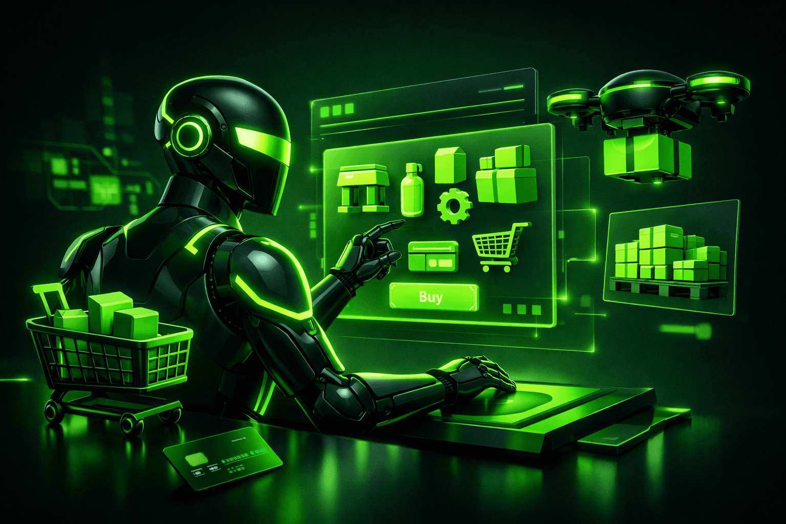 Agente de IA futurista realizando compras automáticas em site B2B, com interface holográfica verde neon, carrinho digital, produtos industriais e ambiente tecnológico em preto, representando automação de compras e inteligência artificial no e-commerce B2B.