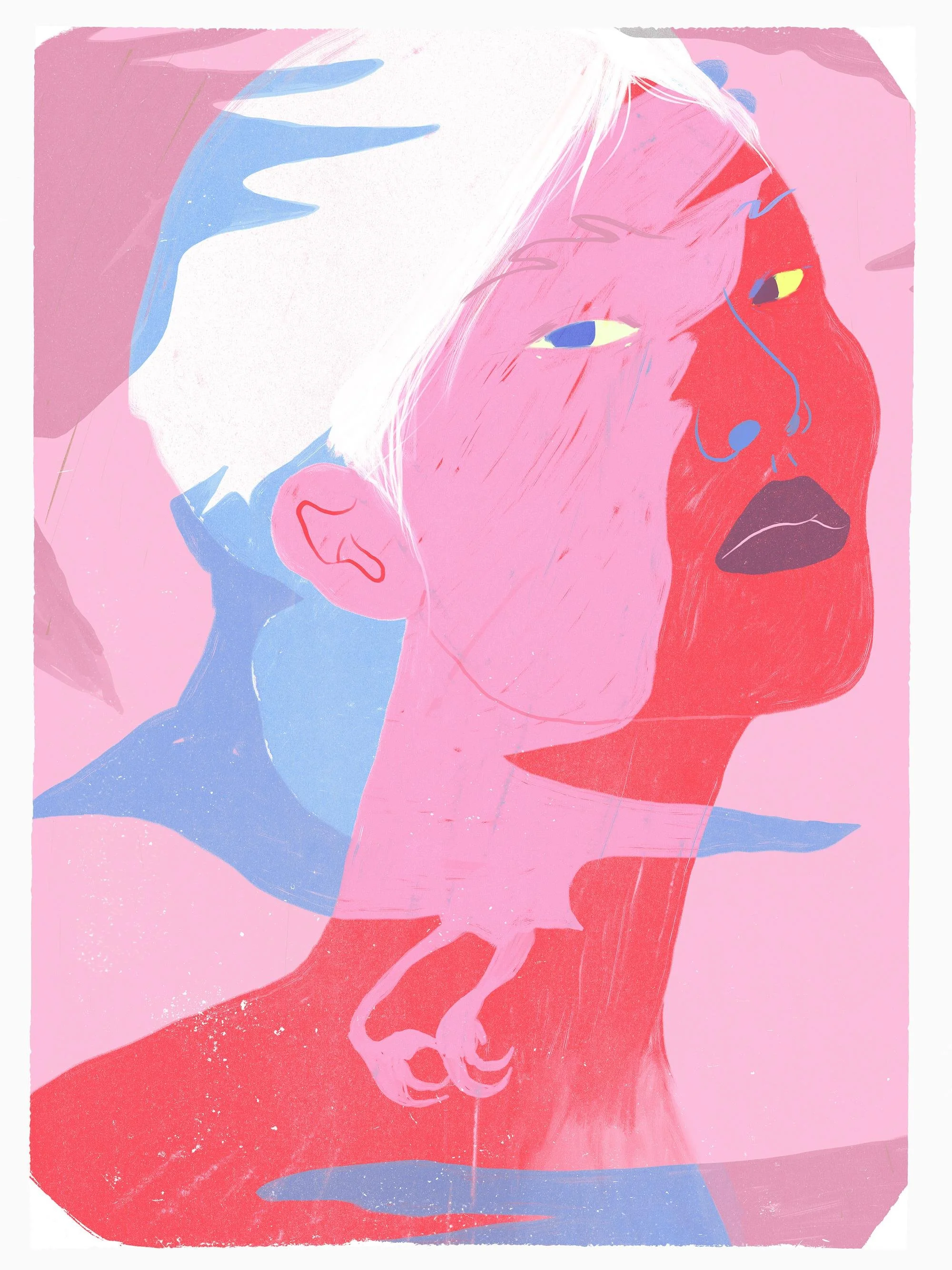 illustrated portrait of a woman in shades of pink
