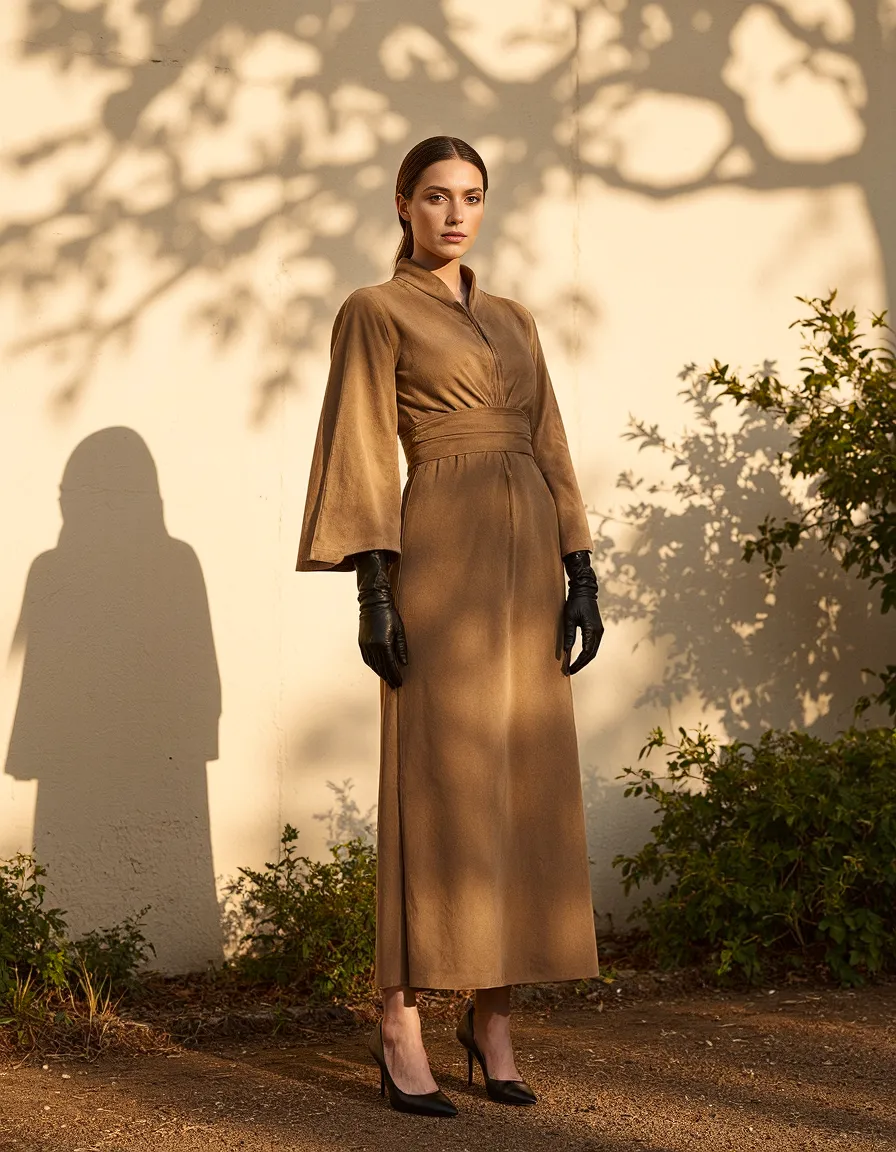Fashion photography featuring elegant camel-colored dress with wide sleeves and black gloves, set against a wall with dramatic leaf shadows