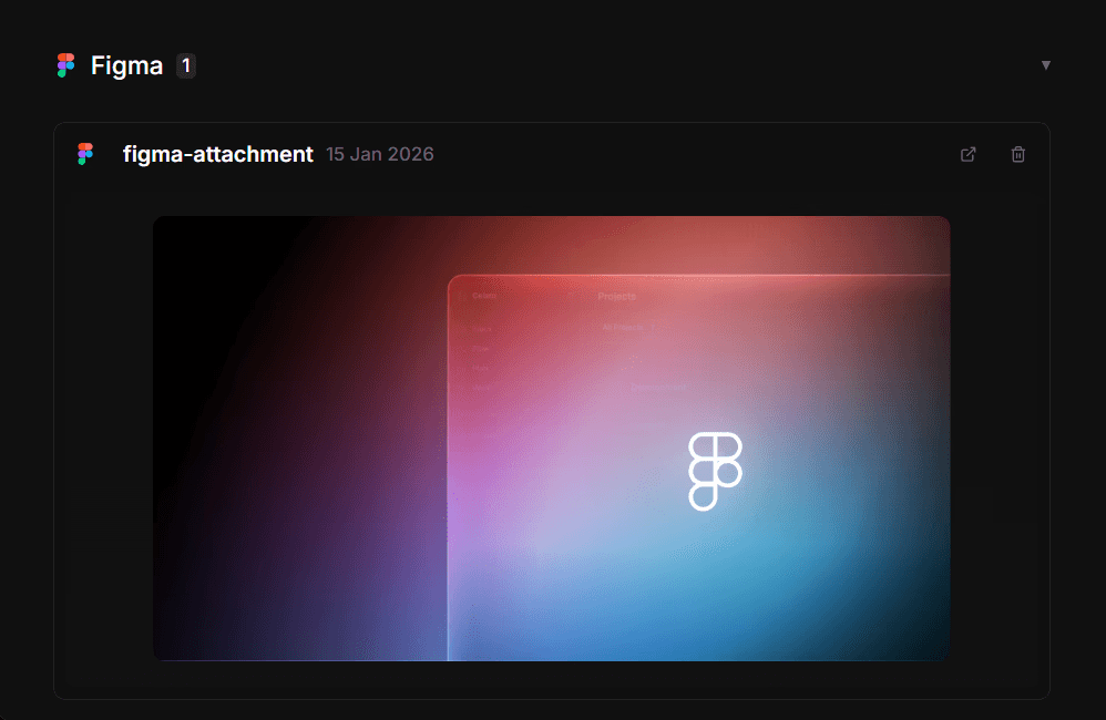 A Figma-frame imported into Celaro and moved to "Figma Section" in a task.