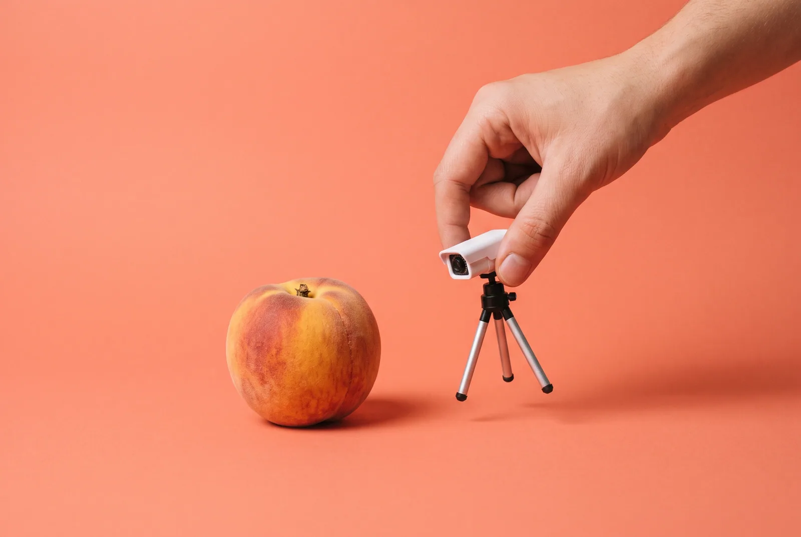 A hand removing a tiny security camera from beside a peach, switching from Ever Accountable