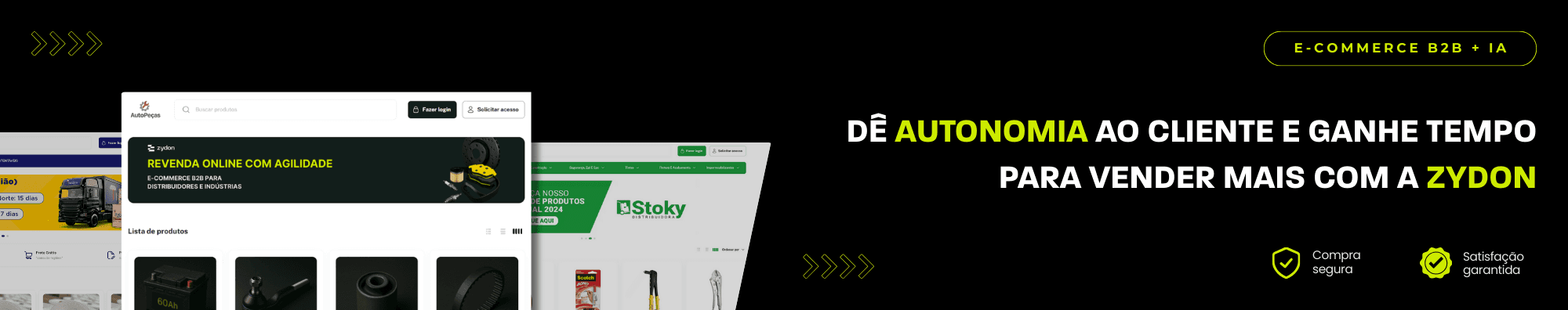 Banner horizontal com fundo escuro, ícones de segurança e satisfação, e imagens de lojas B2B exibidas à esquerda. Elementos gráficos em verde destacam o tema de e-commerce B2B com IA.