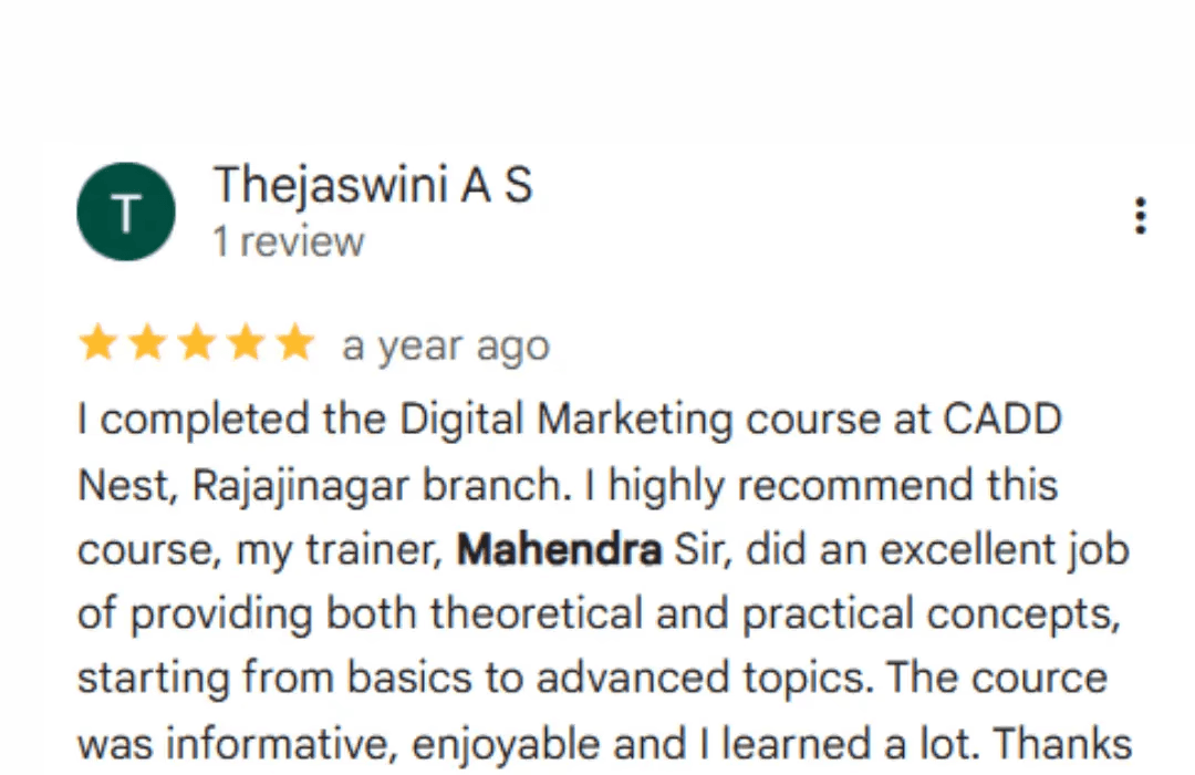 CADD Nest Digital Marketing Course Reviews - 5-Star Student Testimonials for Mahendra R | Course Success Stories | Training Quality Feedback | Student Success | Bengaluru Training | Professional Certification Results