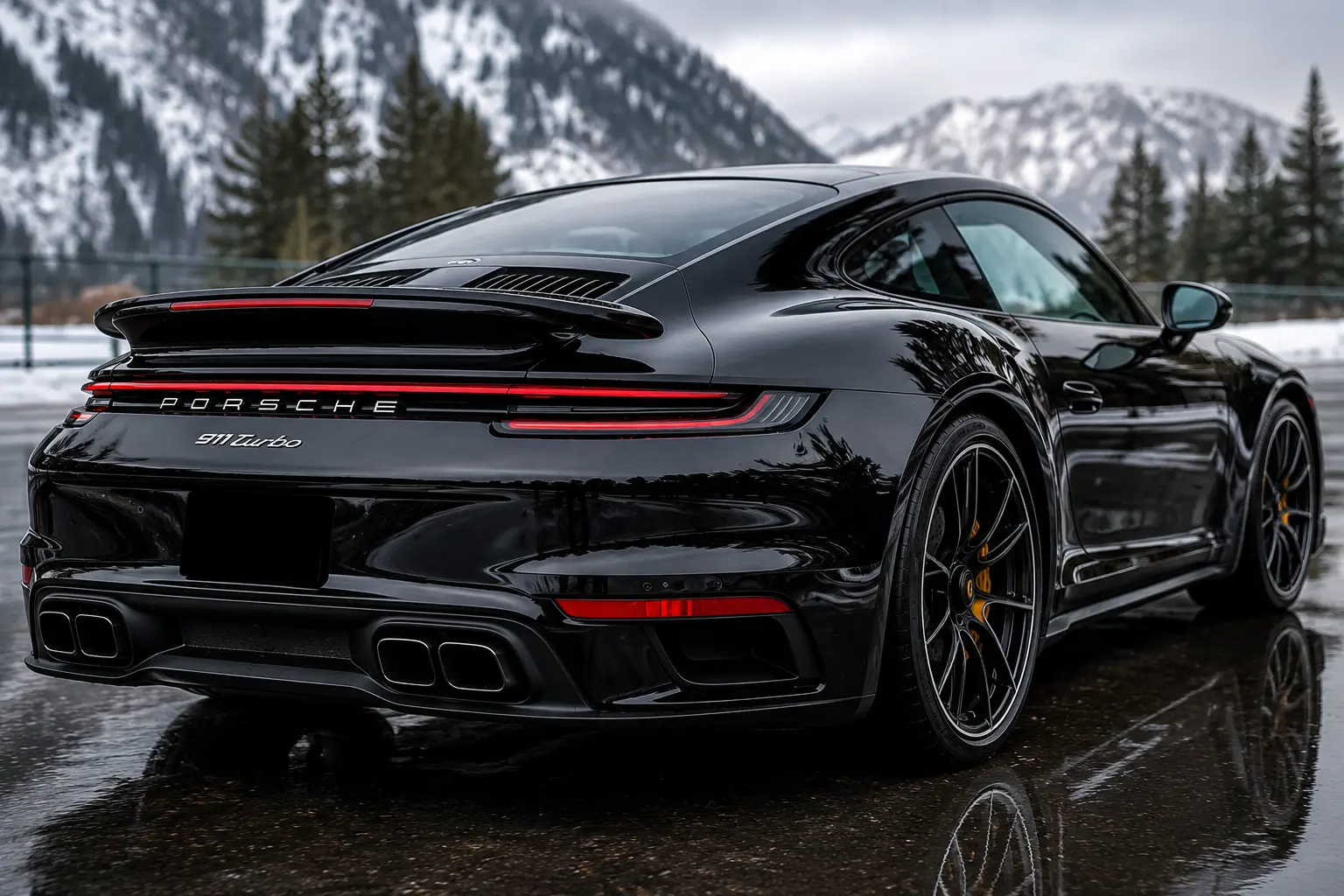 Clean porsche in front of mountain