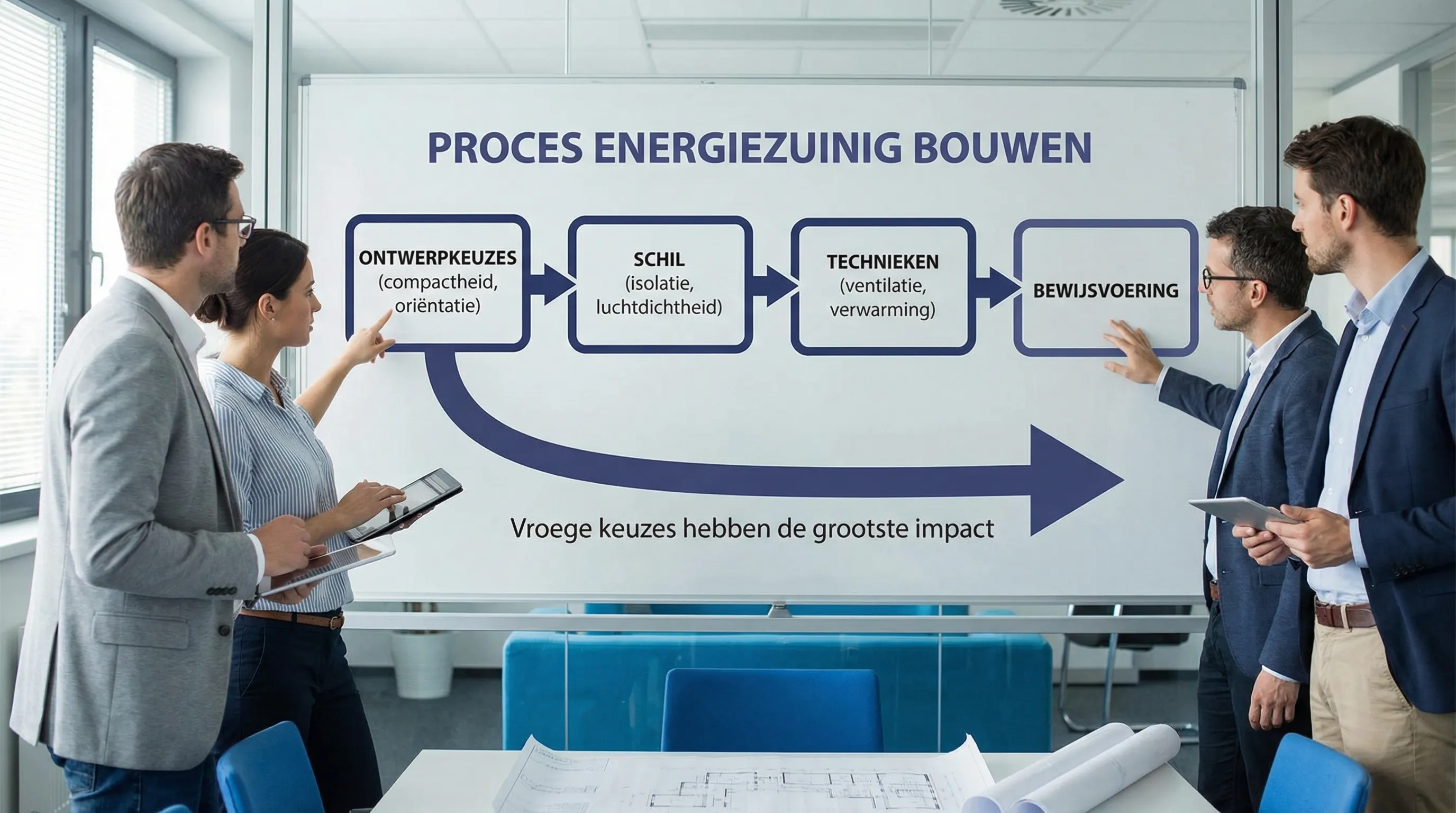 Schematische weergave van het proces van energiezuinig bouwen: ontwerpkeuzes (compactheid, oriëntatie), schil (isolatie, luchtdichtheid), technieken (ventilatie, verwarming), en bewijsvoering, met pijlen die tonen dat vroege keuzes de grootste impact hebben.