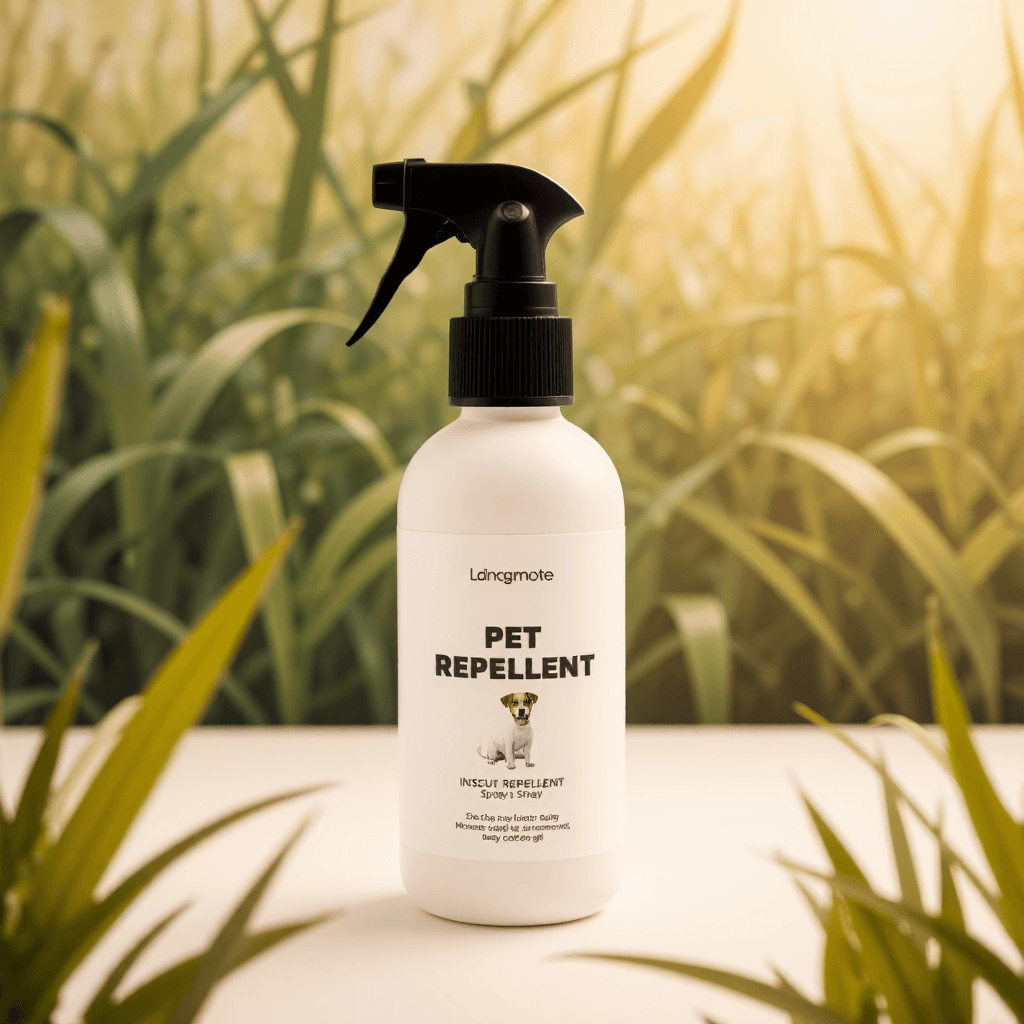 product photography of a bottle of insect repellent spray for pets