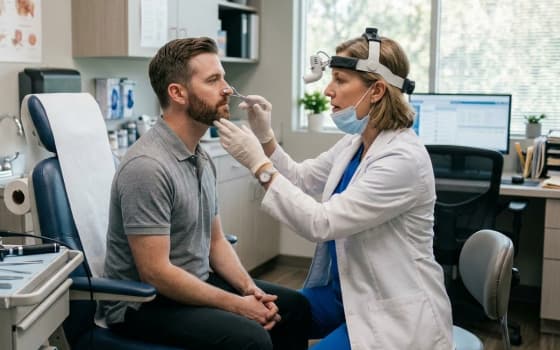 Лікар перевіряє пацієнту ніс