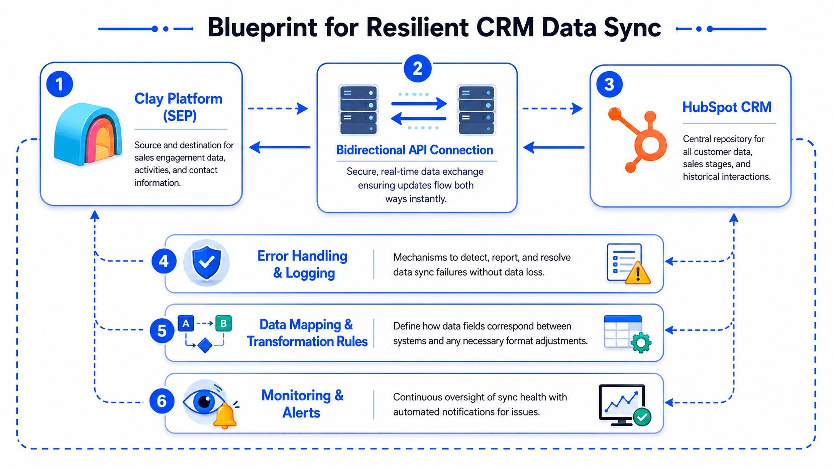 A diagram illustrating the blueprint for resilient CRM data synchronization between Clay Platform and HubSpot CRM systems.