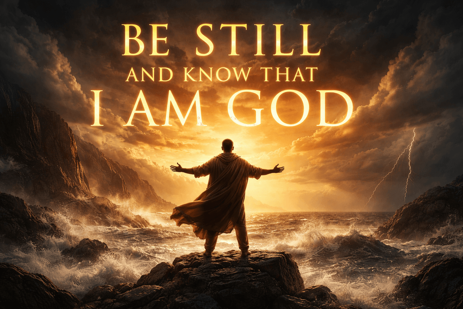 A man standing in high ground with the words saying be still and know that i am God