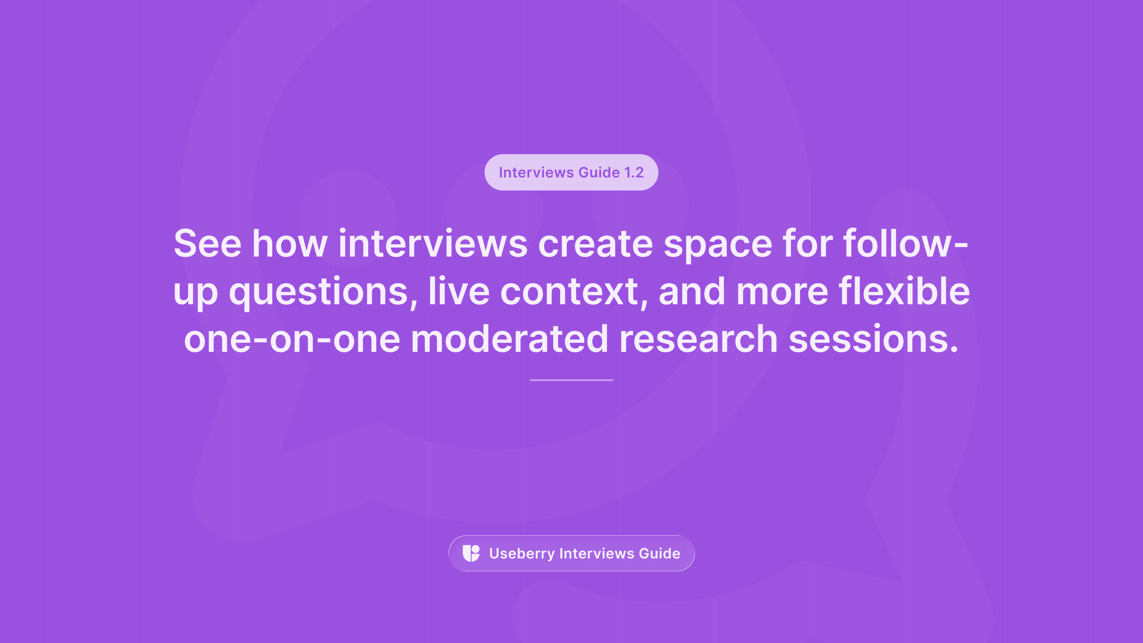 A purple banner labeled “Interviews Guide 1.2” reading “See how interviews create space for follow-up questions, live context, and more flexible one-on-one moderated research sessions.”