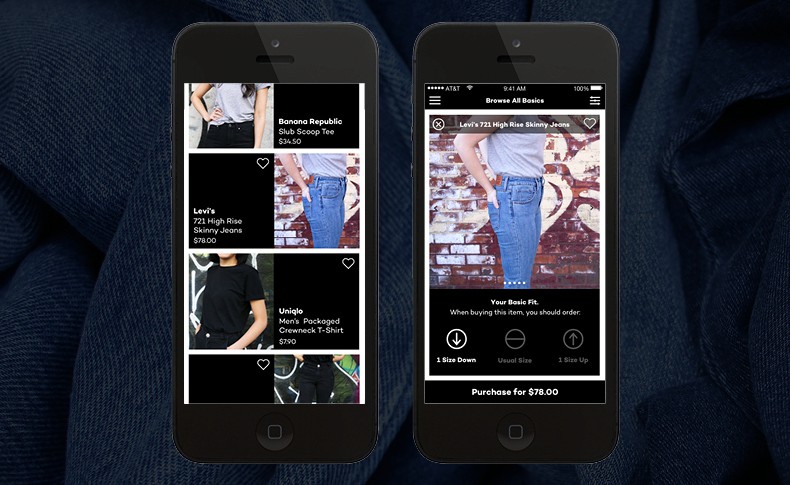 Two smartphones are displayed side by side, each showing a clothing retailer’s website. The left phone displays a Banana Republic Club Scoop Tee for $34.50. The right phone shows a Levi’s High Rise Skinny Jeans for $78.00. Both phones show product images and shopping cart icons. The background is dark blue fabric.