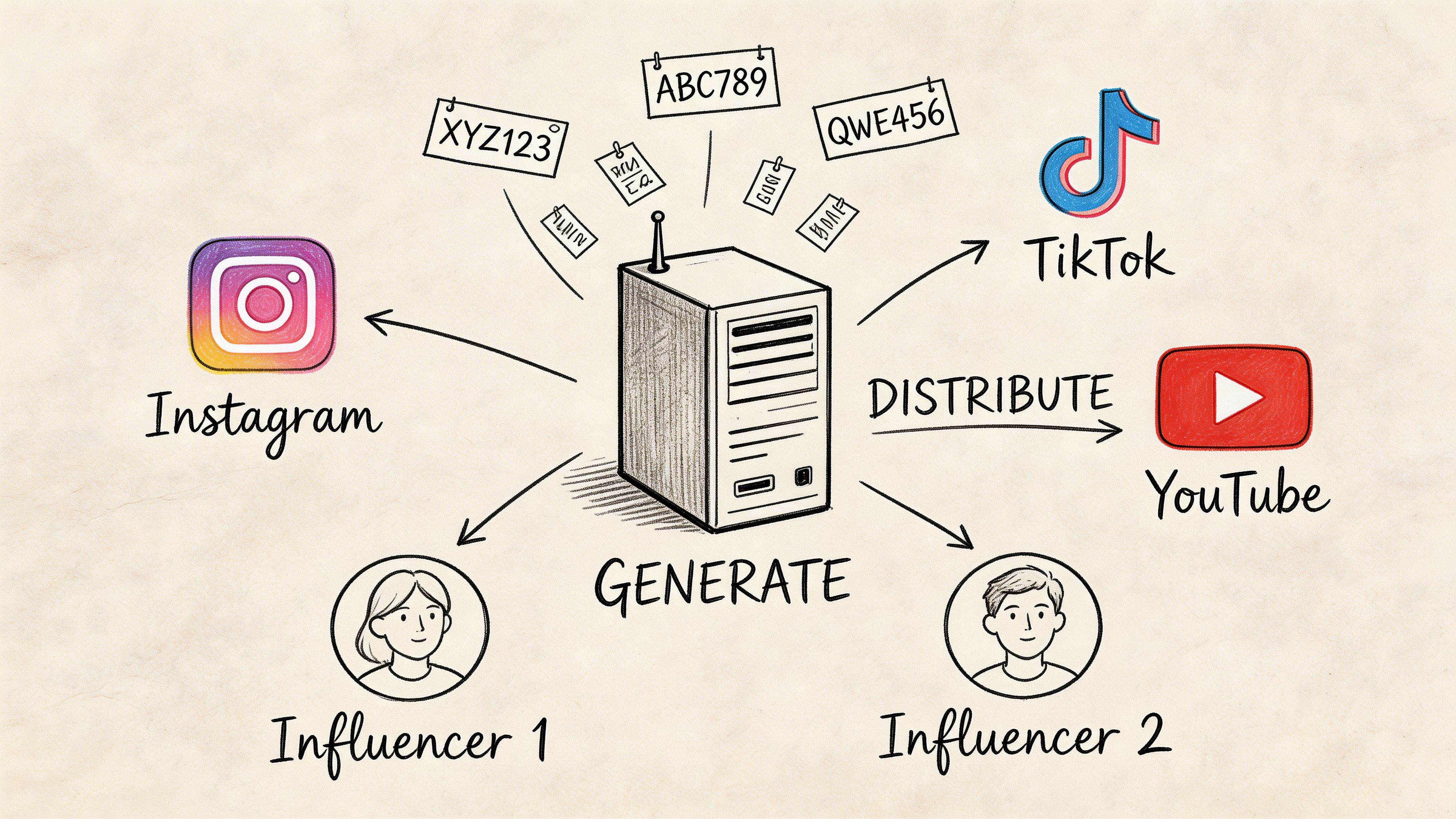 A diagram illustrating a central server generating codes for influencers to distribute across social media platforms.