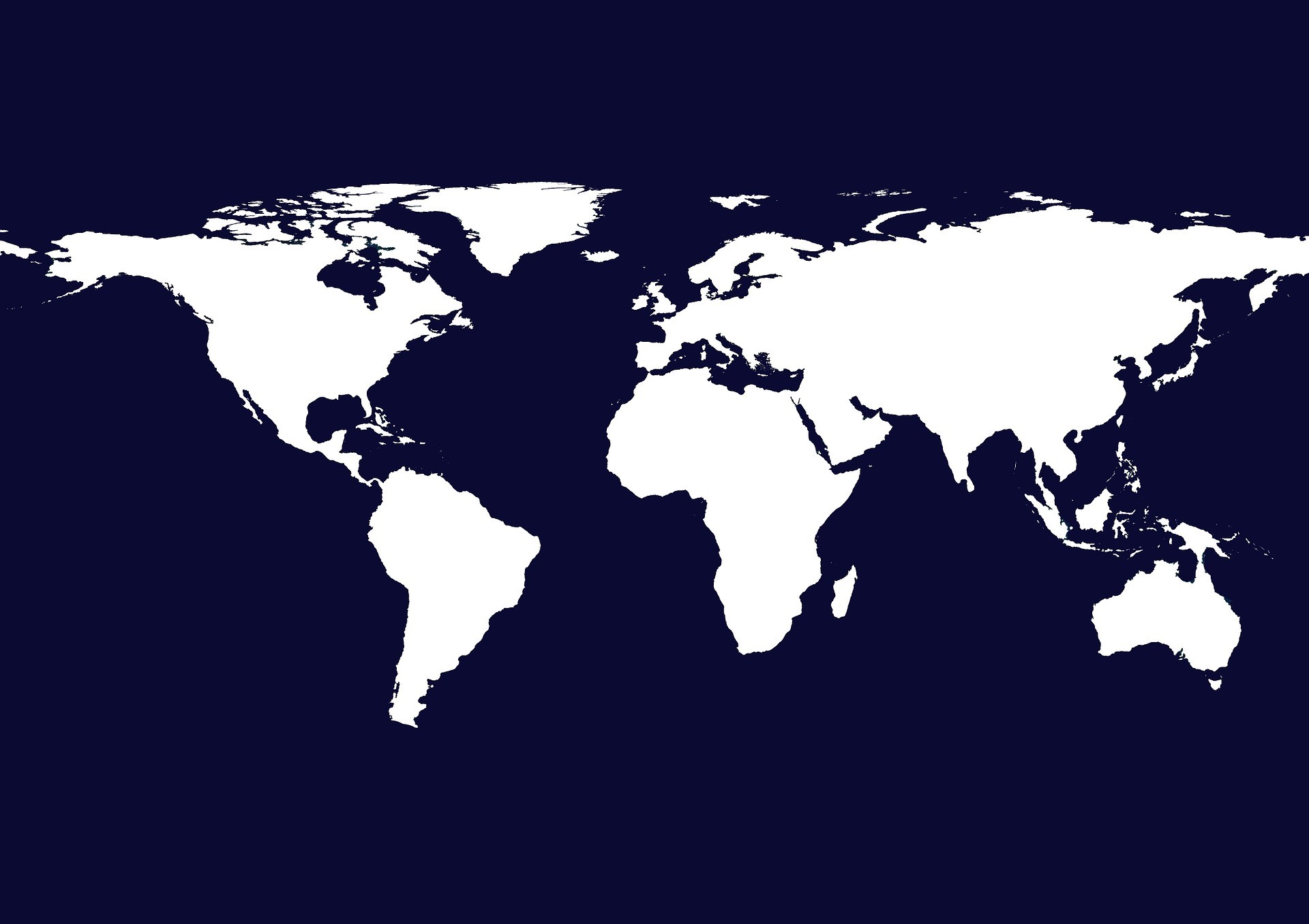 A high-contrast, minimalist world map showing white silhouettes of all global continents centered against a solid, dark navy blue rectangular background.
