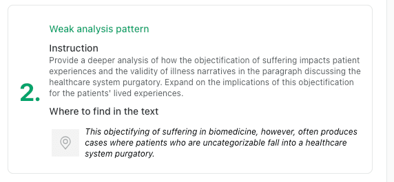 thesify feedback showing underdeveloped analysis in a theory-led academic paragraph about objectification of suffering and healthcare system purgatory