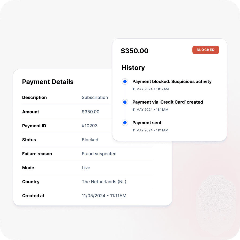 Payment details screen showing a blocked transaction due to suspicious activity, with history indicating transaction status and reasons for failure.