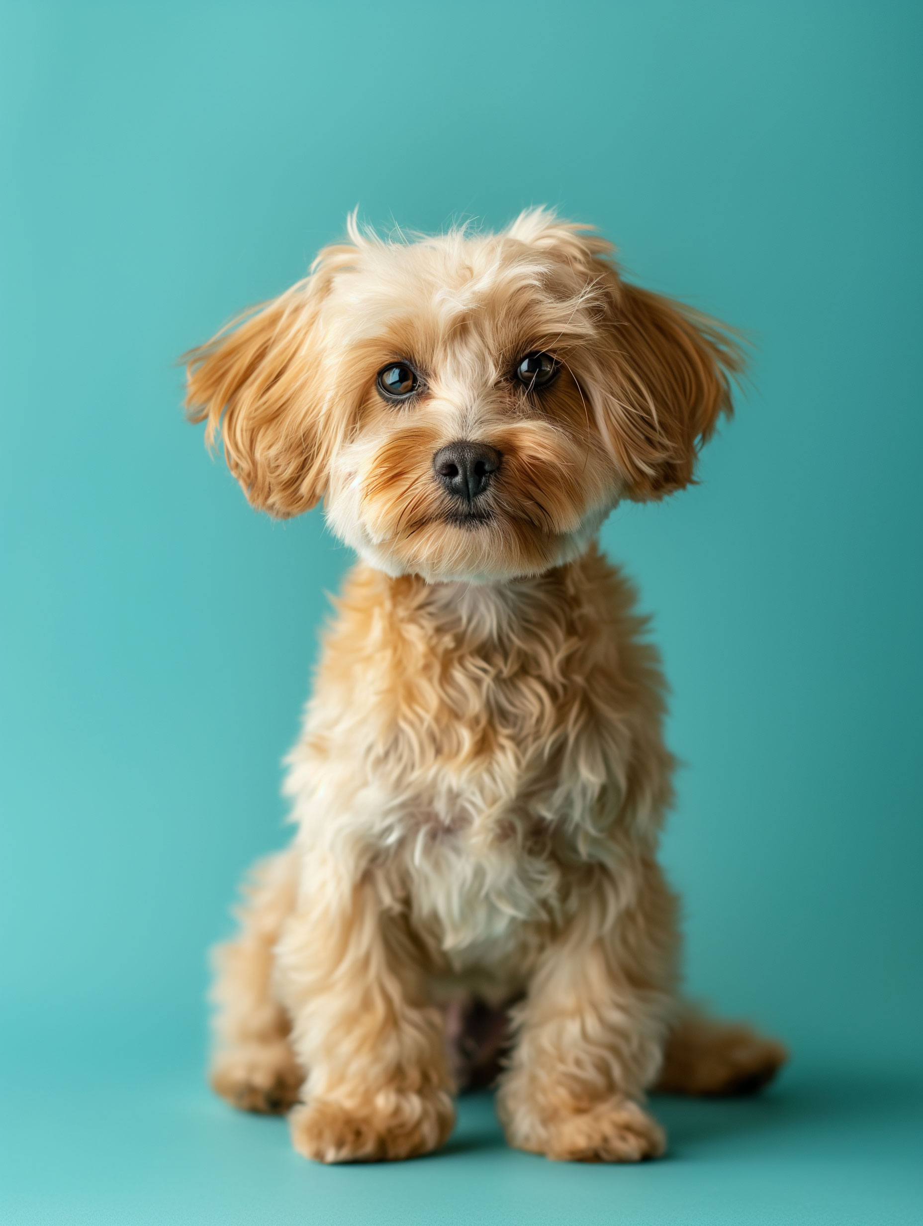 Portrait of a cute fluffly dog with bright turquoise backdrop..