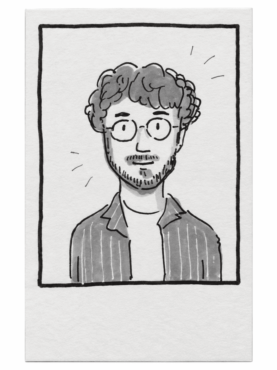 Hand-drawn portrait of Qasim with curly hair, glasses, and a striped shirt
