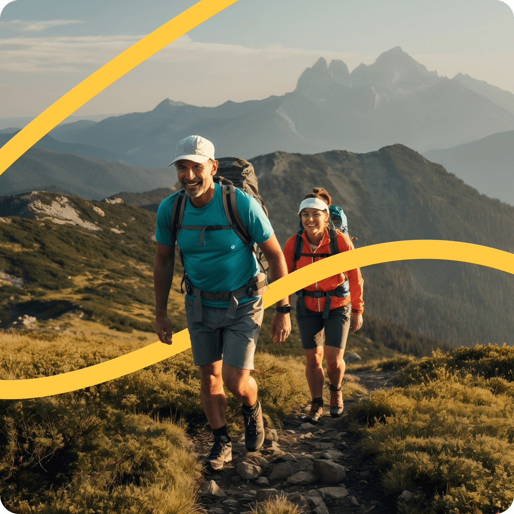 Two hikers on a mountain trail with fitness stats and a yellow wave design overlay.