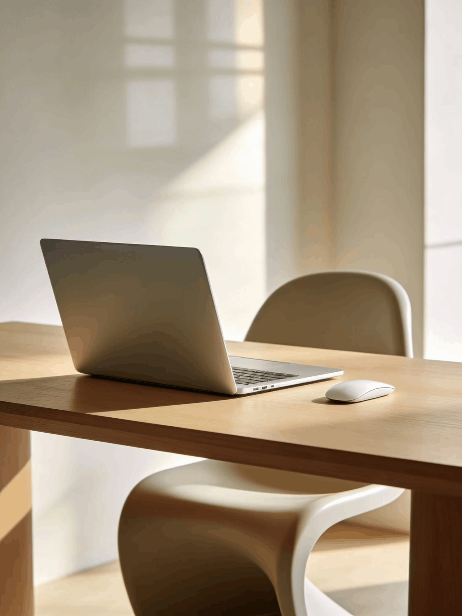Minimalist workspace with laptop on desk in a sunlit room.