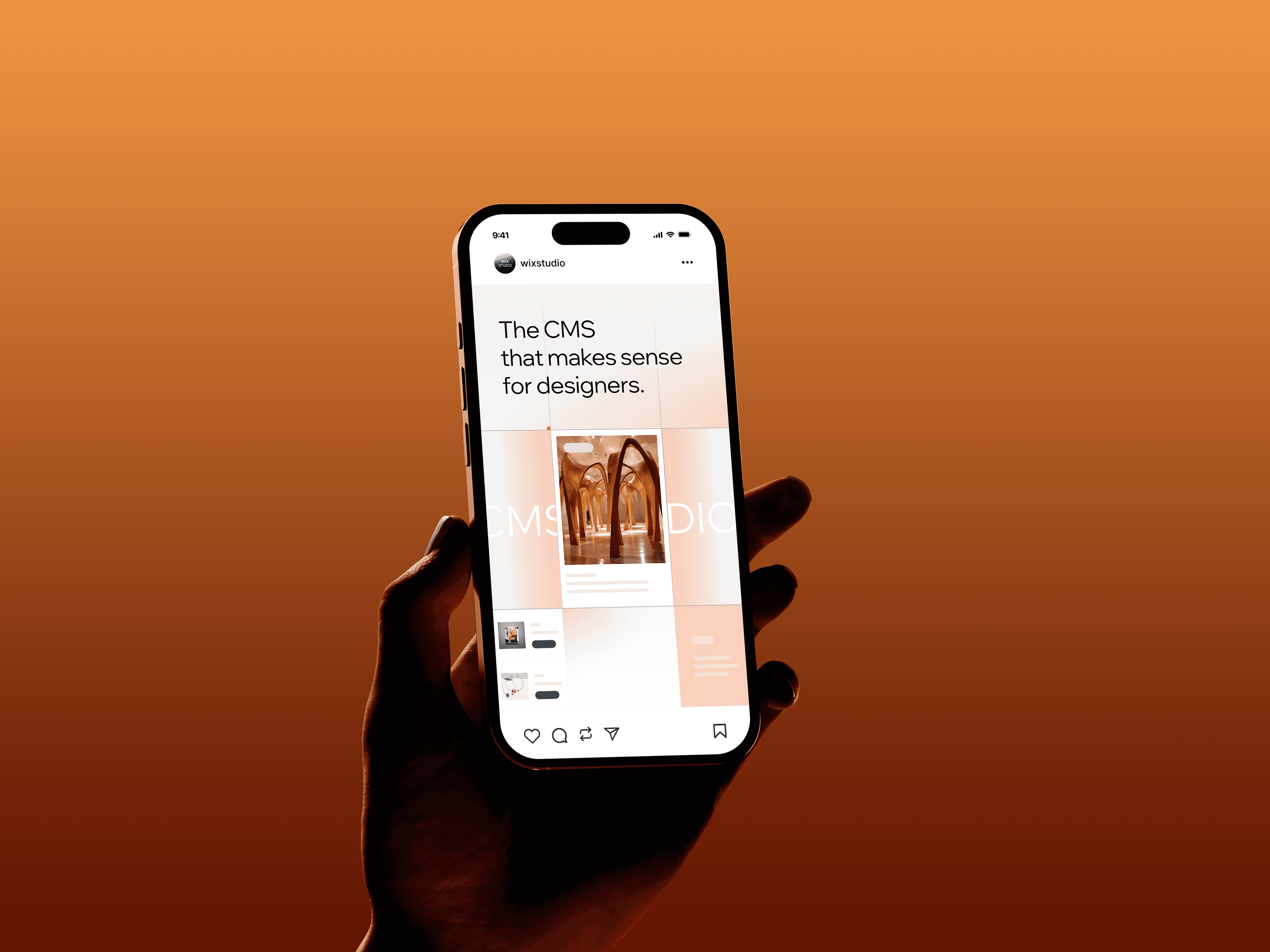 Hand holding a phone displaying a CMS ad banner design