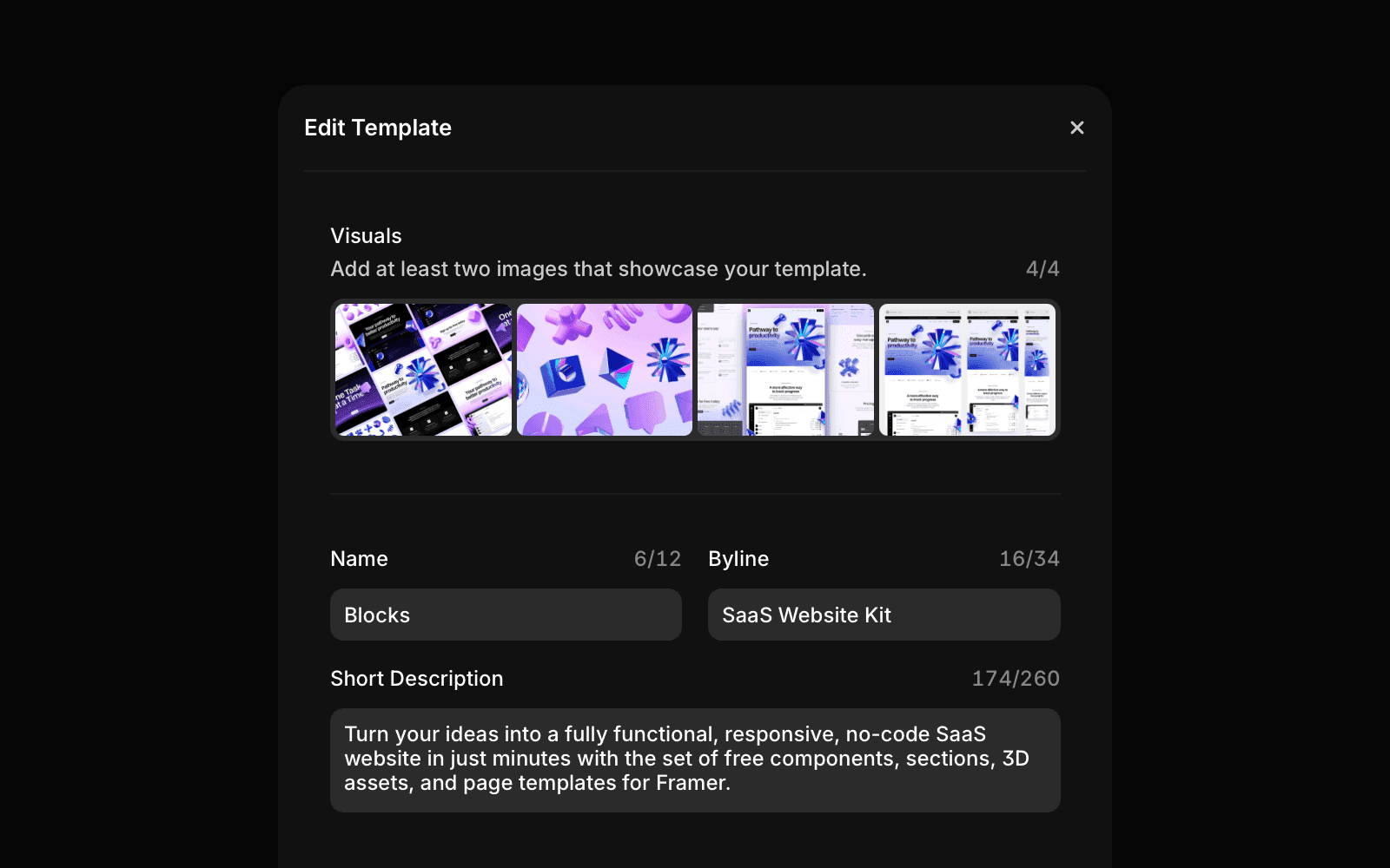 Framer Creator Dashboard 编辑模板界面