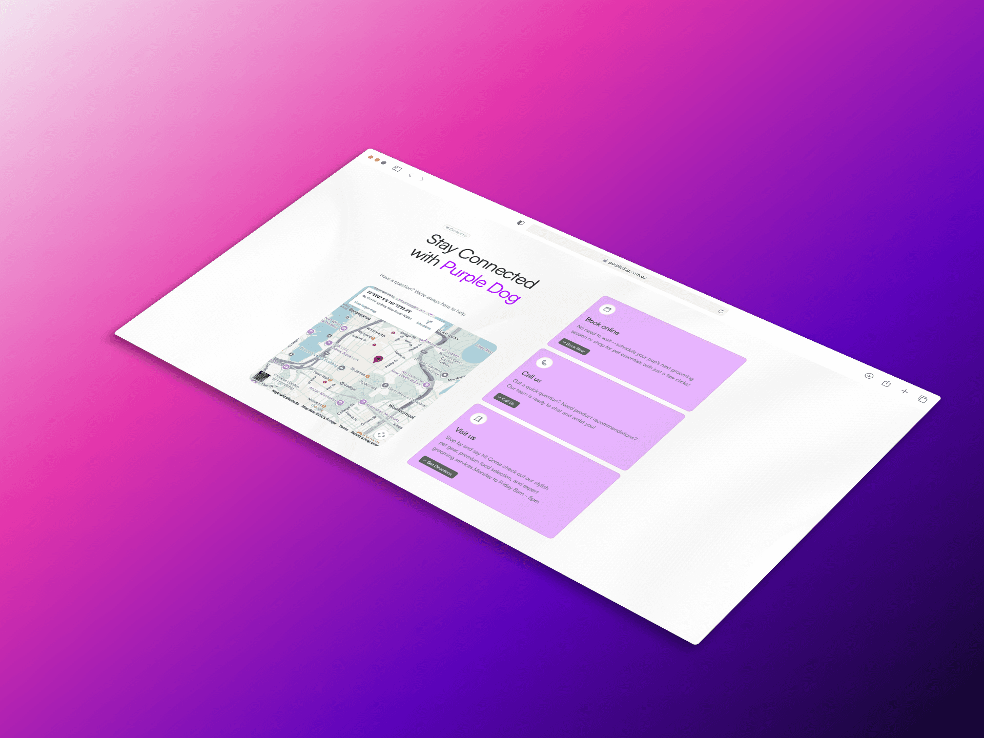 Side-by-side laptop views showing various product cards for dog treats, toys, and apparel with vibrant purple accents.