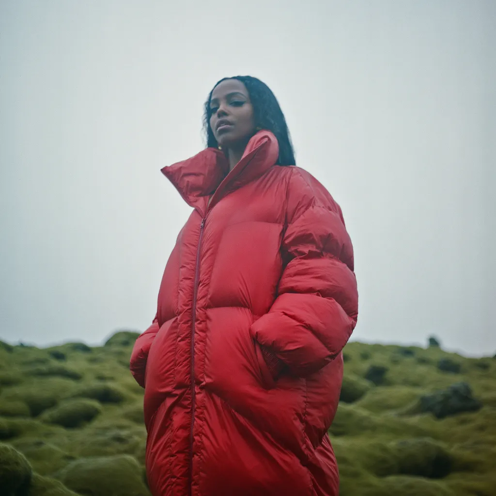 Amaal in a red puffer coat on Icelandic moss