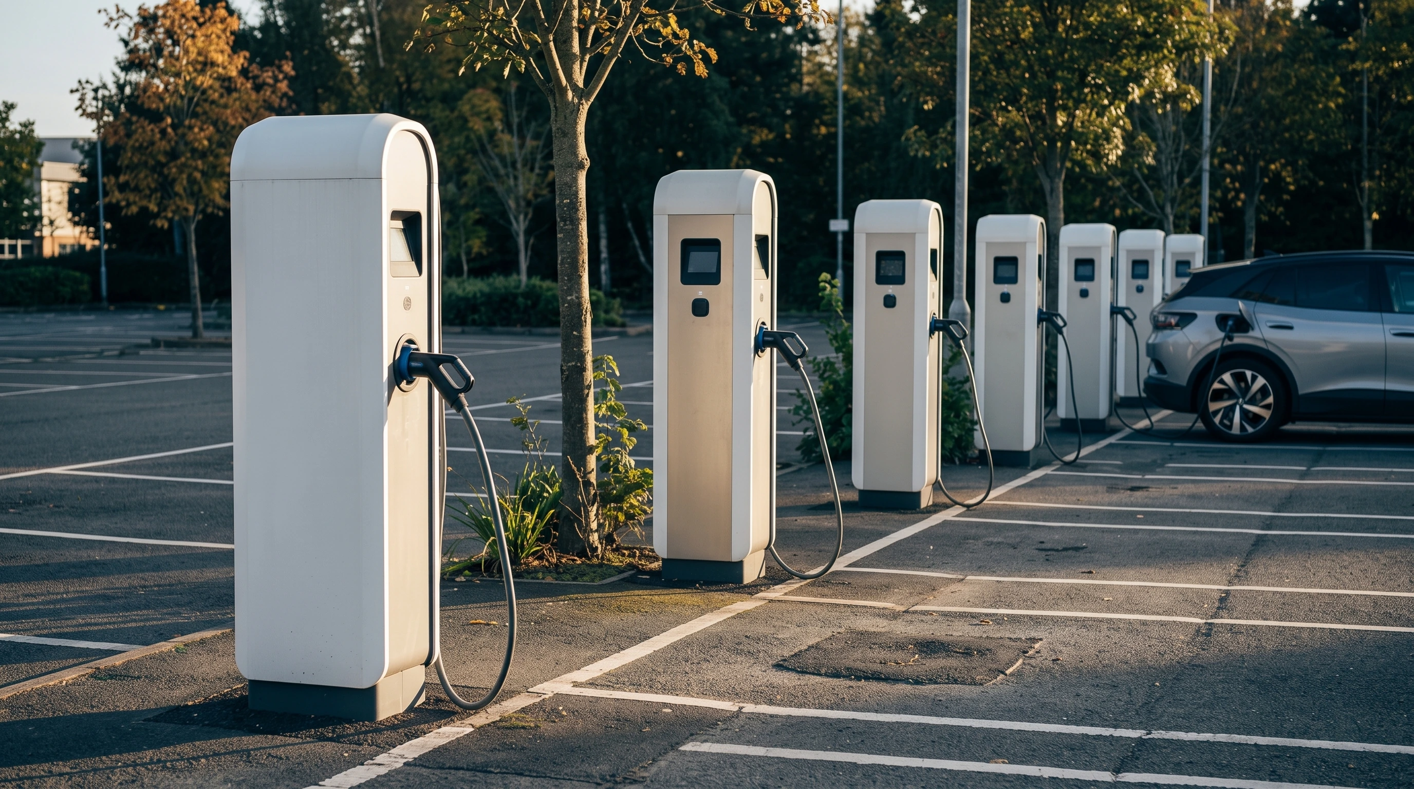Row of EV charging stations in a parking lot with an electric car nearby
