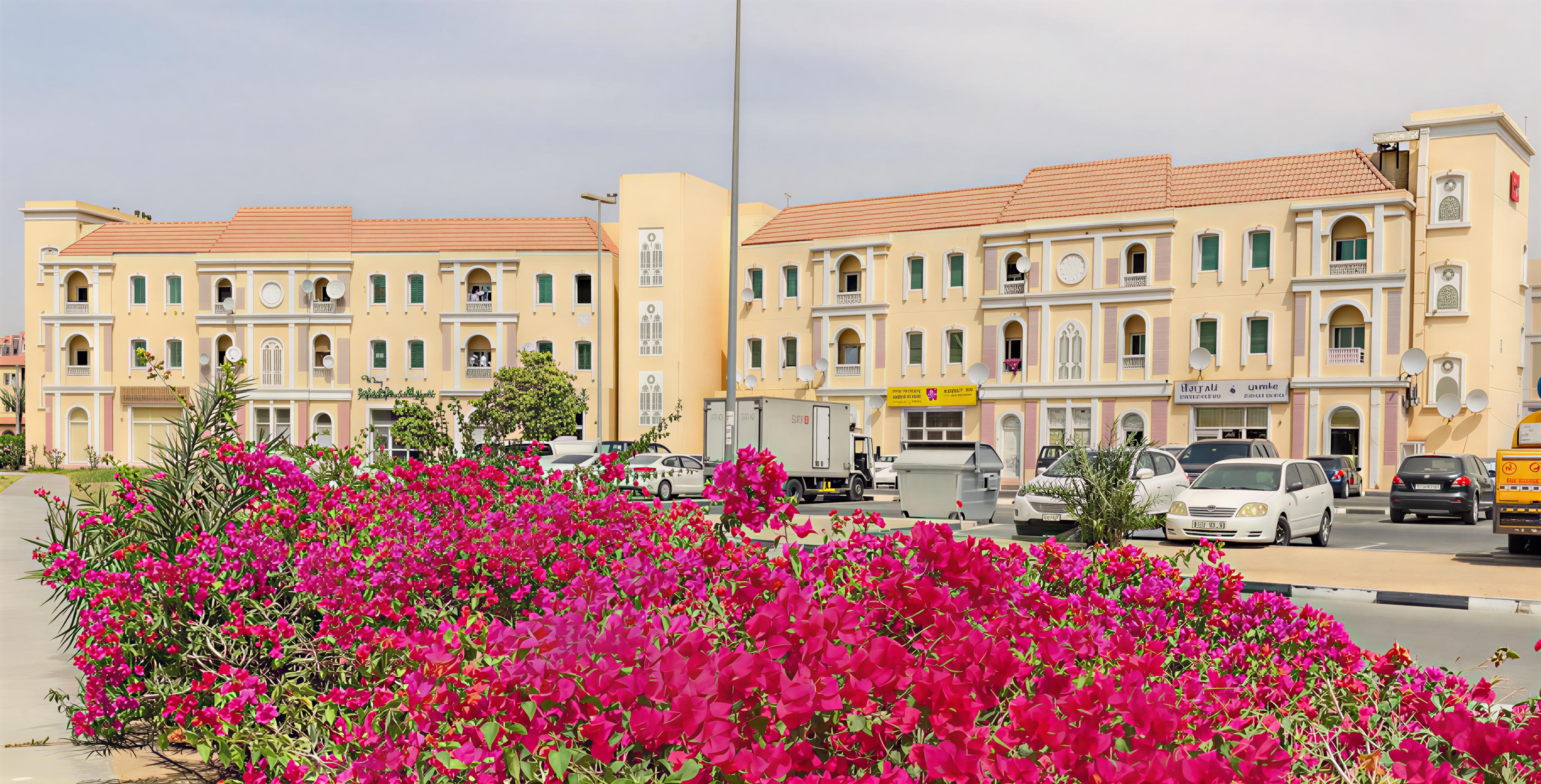 Apartment building located in International City, showcasing modern architecture and surrounding greenery.