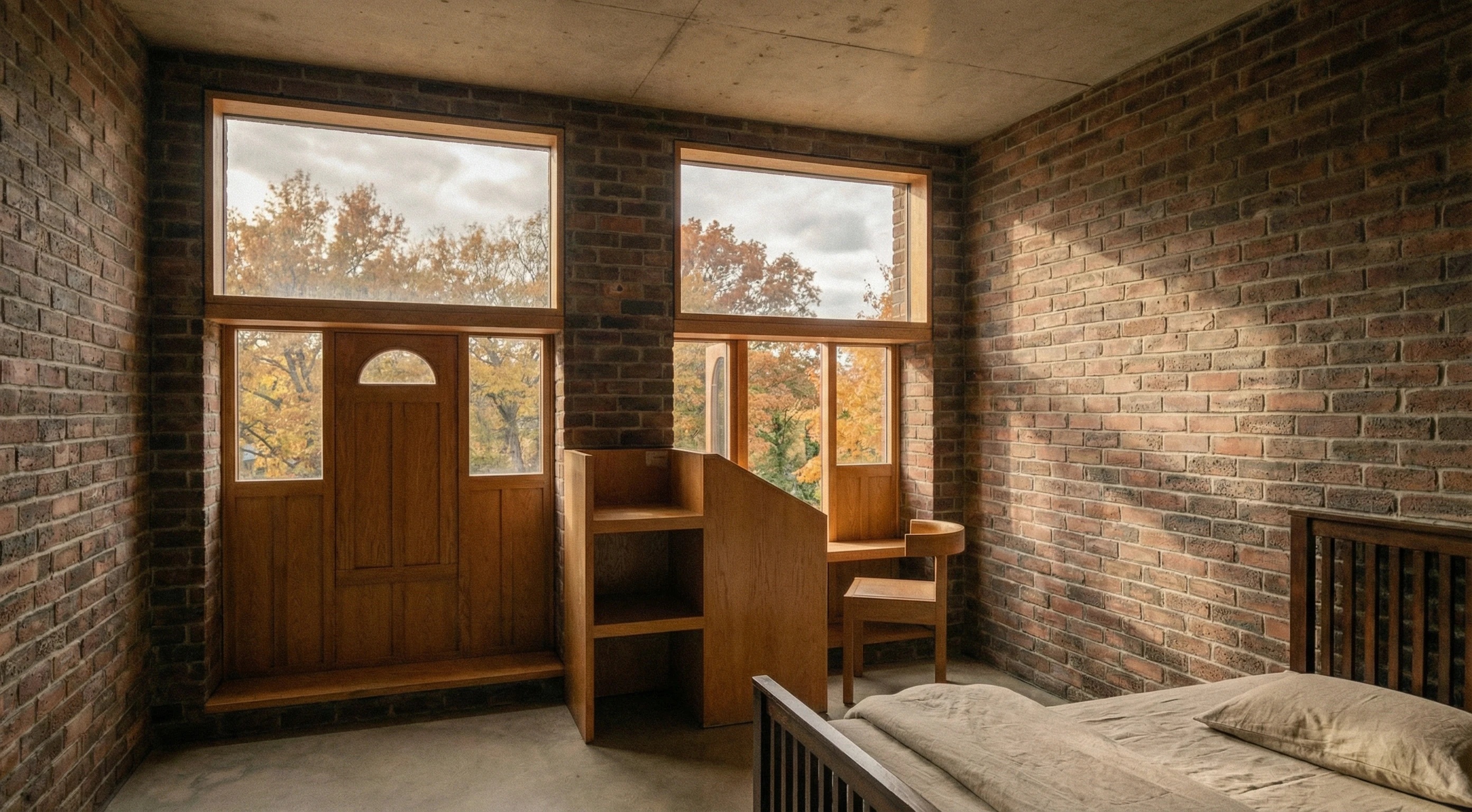 Building exterior with autumn trees and warm facade light — Dominican Motherhouse I visualization