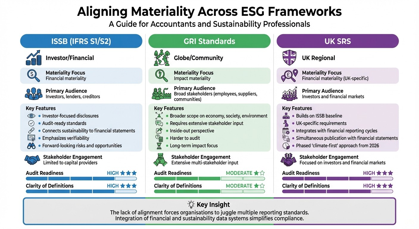 ESG Framework Comparison: ISSB vs GRI vs UK SRS Materiality Standards