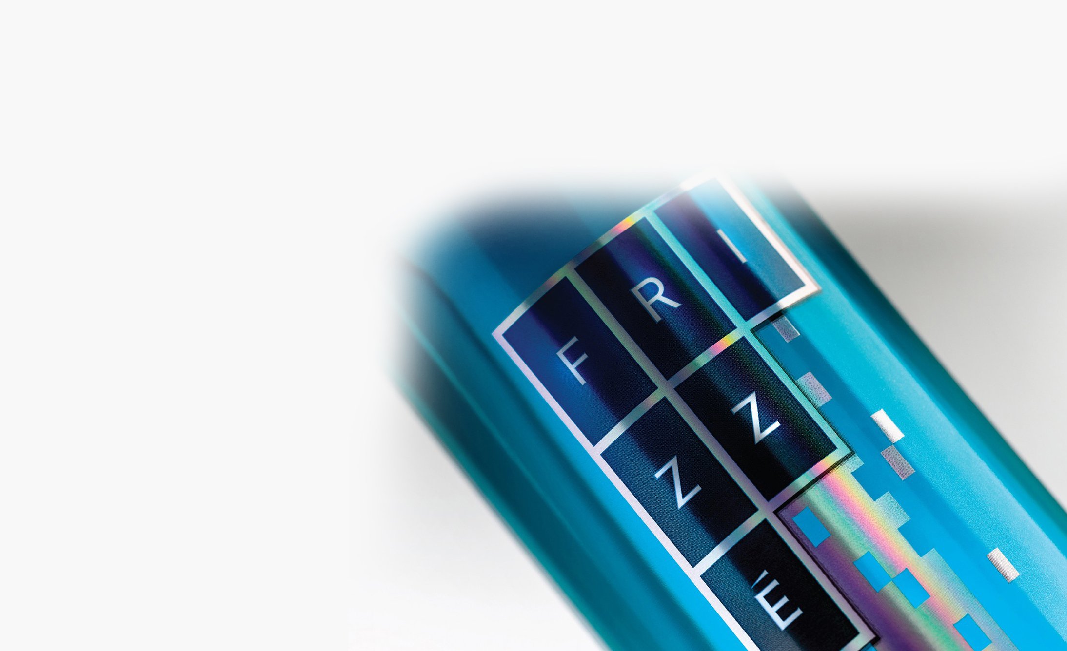 Close-up of a blue bottle with a sleek, modern design. Features shiny, holographic squares with white letters spelling "FRIZZE," evoking a futuristic feel.