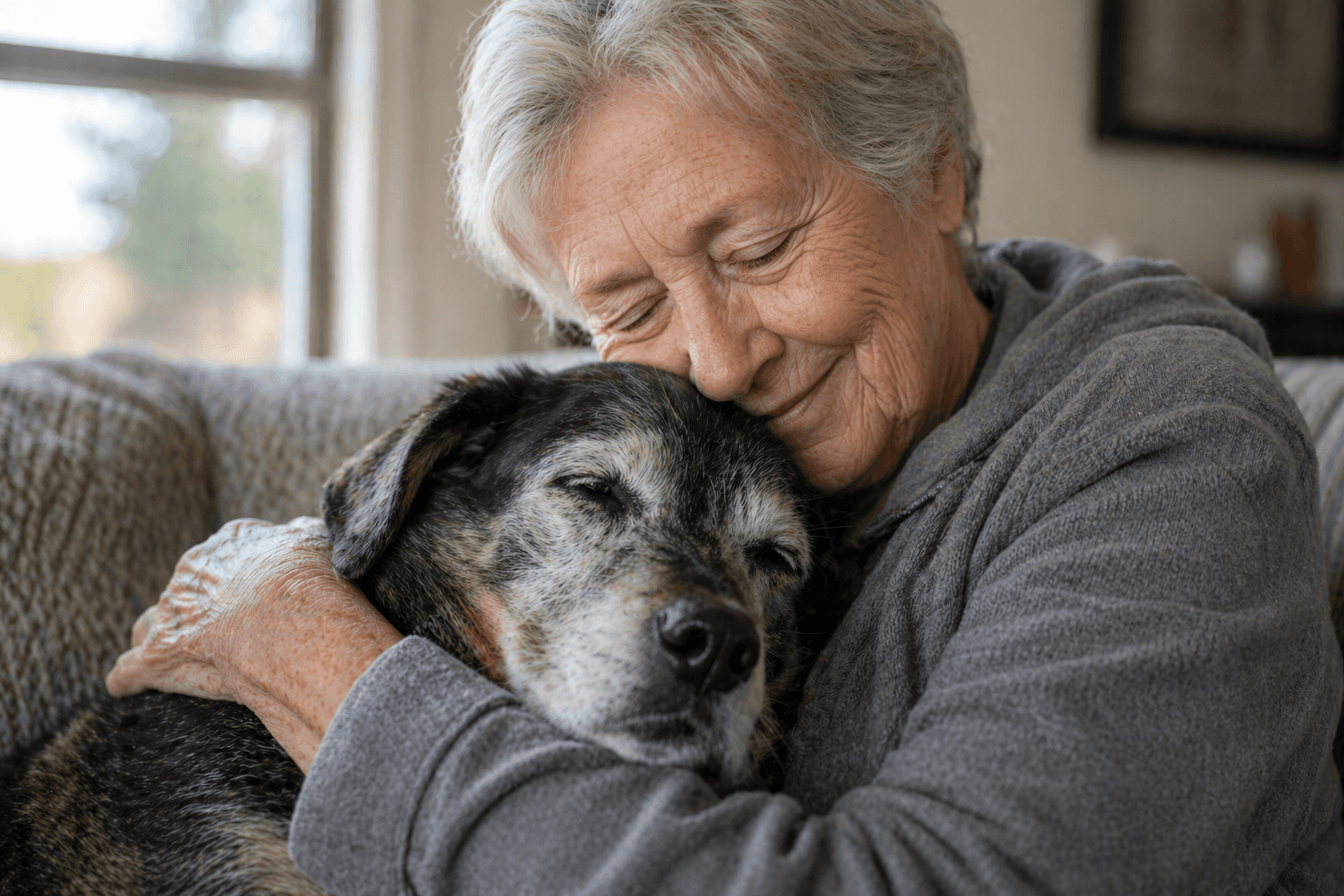 An elderly woman hugs a dog, both expressing warmth and affection, in a cozy indoor setting.