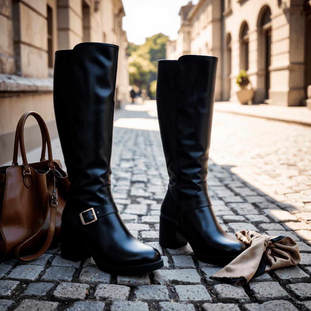 product photography of a pair of black knee-high boots worn with casual clothing