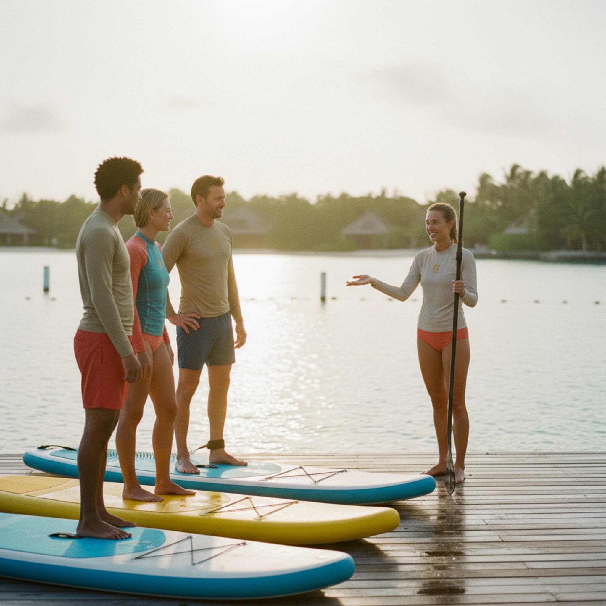 Ein ruhiger Morgen am Lagunensteg, mehrere bunte SUPs liegen bereit. Eine Trainerin zeigt einer kleinen Gruppe die richtige Paddelhaltung, während die Sonne flach über das Wasser glitzert. Leichte Brise kräuselt die Oberfläche. Die Stimmung vermittelt Klarheit, Sicherheit und Vorfreude.