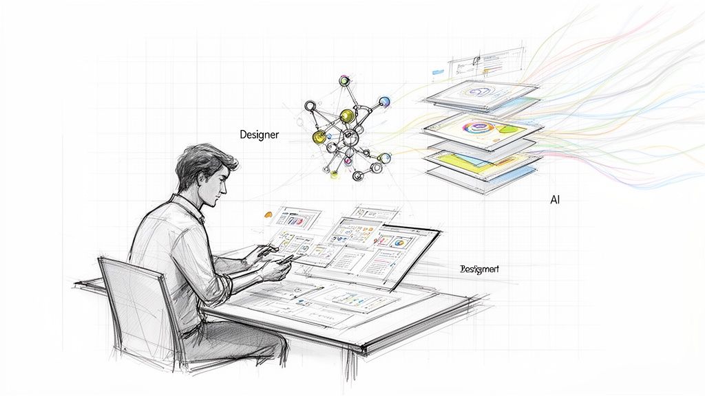 Sketch of a designer interacting with multiple digital interfaces, symbolizing AI-assisted creative design.