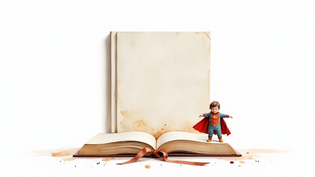 A toddler in a superhero costume stands on an open storybook, with a large blank book behind.