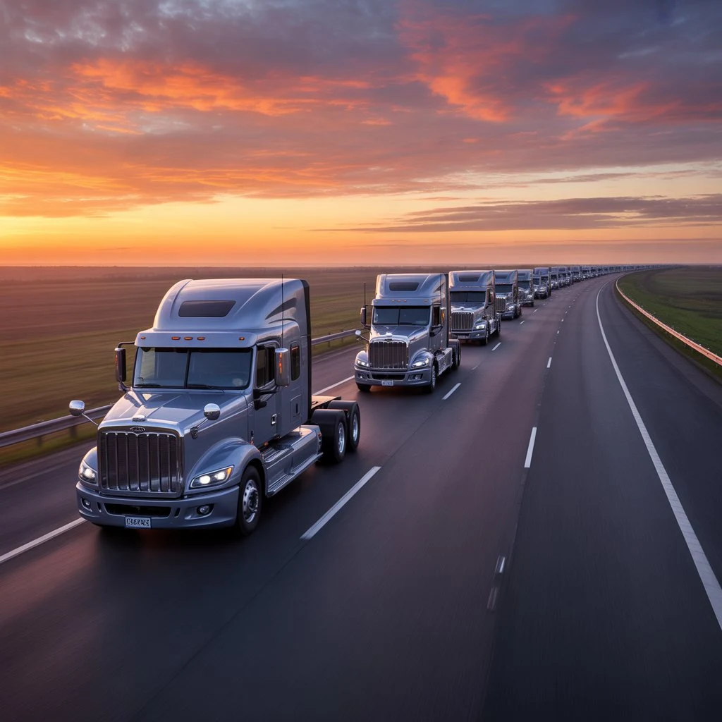 Convoy moderner Sattelzüge auf Autobahn bei Sonnenuntergang – Verkehrshaftung und Speditionsversicherung Lions Group