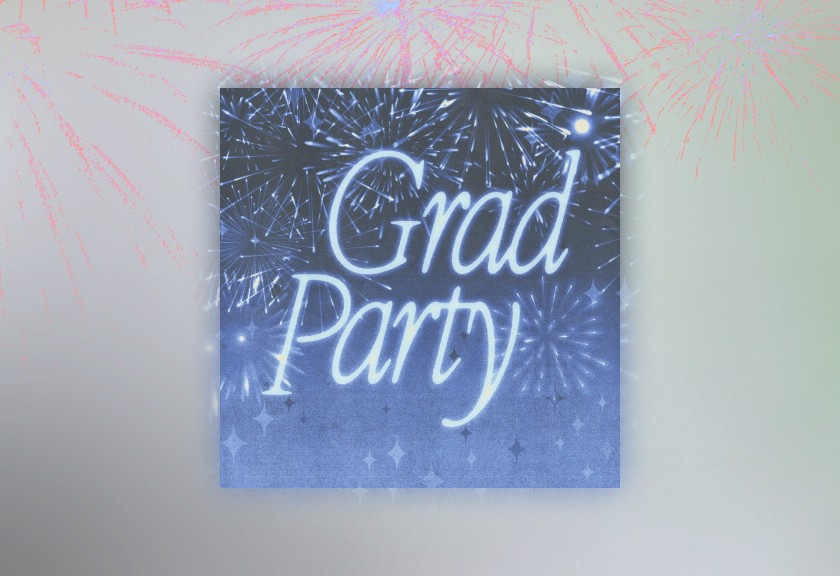 White glowing text reading "Grad Party" over a dark blue background with fireworks bursting in the background.