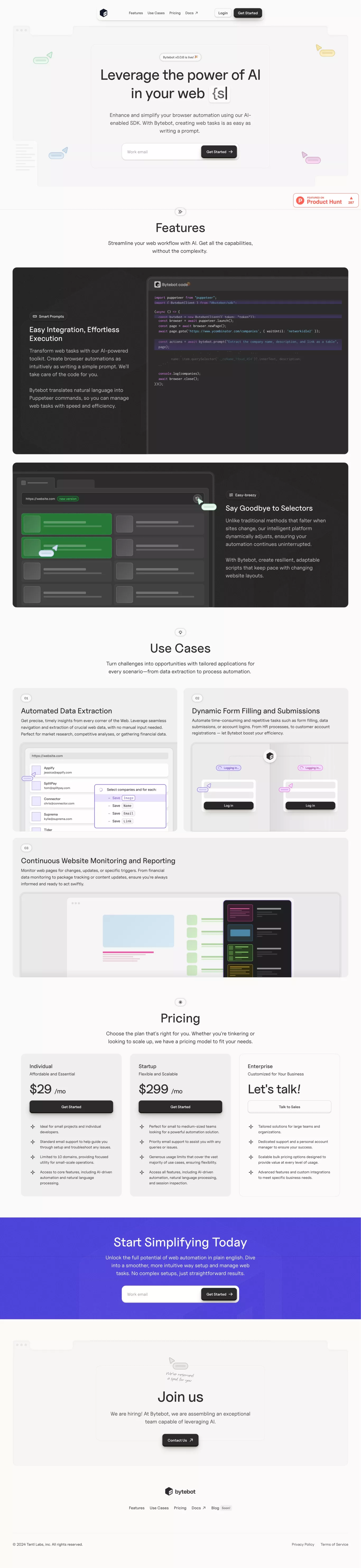 Bytebot - Leverage the power of AI in yo landing page screenshot showcasing Tech and AI design